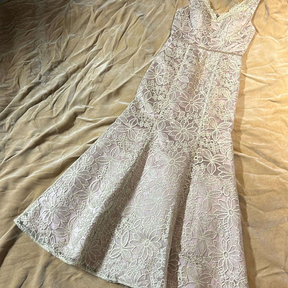 dusty pink with gold lace overlay mother of the bride mermaid gown